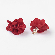 Cloth Pendant Decorations, with Acrylic Findings, Flower, Red, 25~30x28~35mm, Hole: 2mm(FIND-P026-D04-1)