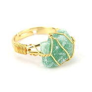 Natural Green Aventurine Nugget Adjustable Rings, Golden Copper Wire Wrap Ring, Inner Diameter: 19mm(PW-WG84345-02)
