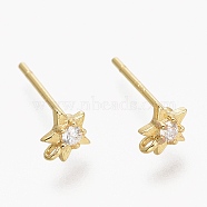 Brass Micro Pave Clear Cubic Zirconia Stud Earring Findings, with Silicone Ear Nuts, with Loop, Long-Lasting Plated, Star, Real 18K Gold Plated, 5.5x5mm, Hole: 0.9mm, Pin: 0.8mm(ZIRC-L098-040G)