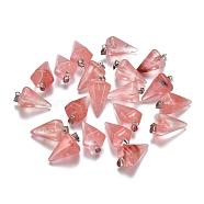 Cone/Spike/Pendulum Dyed Cherry Quartz Glass Stone Pendants, with Platinum Plated Iron Findings, 25~27x14x14mm, Hole: 6x3mm(G-R278-80)
