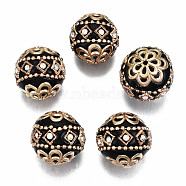 Handmade Indonesia Beads, with Crystal AB Rhinestone and Brass Findings, Round, Golden, Black, 19.5x18.5mm, Hole: 1.6mm(IPDL-T001-04)
