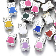 UV Plating Acrylic European Beads, with Enamel, Large Hole Beads, Mixed Color, Owl, Platinum, 11x8x9mm, Hole: 5mm(OACR-N010-002P)