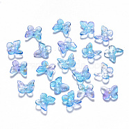 Two Tone Transparent Spray Painted Glass Charms, with Glitter Powder, Butterfly, Dodger Blue, 9.5x11x3mm, Hole: 0.8mm(GLAA-T016-22C)