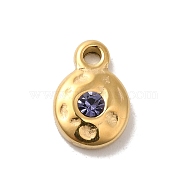 304 Stainless Steel Glass Pendants, Flat Round, Real 14K Gold Plated, Lilac, 9x6x2.5mm, Hole: 1.8mm(STAS-B074-02G-02)