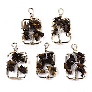 Natural Tiger Eye Pendants, Light Gold Tone Brass Wire Wrapped, Tree, Rectangle, 37~39x20~22x6mm, Hole: 4mm(G-T131-93)