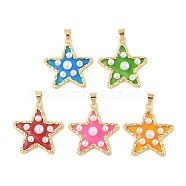 Rack Plating Brass & Epoxy Resin Pendants, Star Charms with Snap on Bails & Plastic Pearl, Real 18K Gold Plated, Cadmium Free & Lead Free, Long-Lasting Plated, Mixed Color, 29x26x6mm, Hole: 4x3.5mm(KK-Z047-04A-RS)