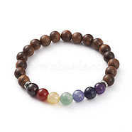 Chakra Jewelry, Natural Wood Beads Stretch Bracelets, with Natural Gemstone Beads and 304 Stainless Steel Spacer Beads, Round, Coconut Brown, Inner Diameter: 2-1/8 inch(5.4cm), 4pcs/set(BJEW-JB05810-04)