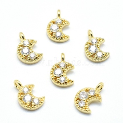 Brass Charms, with Cubic Zirconia, Cadmium Free & Nickel Free & Lead Free, Moon, Clear, Real 18K Gold Plated, 11x7x3mm, Hole: 1.5mm(ZIRC-J040-35G-02-NR)