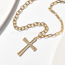 304 Stainless Steel Crystal Rhinestone Cross Pendant Cable Chain Necklaces, Ion Plating(IP), Golden, 16.34 inch(41.5cm)(NJEW-S442-07G)