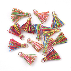 Polycotton(Polyester Cotton) Tassel Pendant Decorations, Mini Tassel, with Iron Findings and Metallic Cord, Light Gold, Colorful, 10~15x2~3mm, Hole: 1.5mm(X-FIND-S281-01)