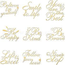 9Pcs 9 Styles Custom Carbon Steel Self-adhesive Picture Stickers, Golden, Inspirational Quote, Word, 40x40mm, 1pc/style(DIY-OC0009-17B)