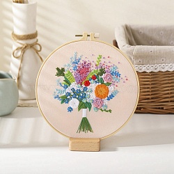 DIY Bouquet Pattern Embroidery Kit, Including Imitation Bamboo Frame, Iron Pins, Cloth, Colorful Threads, Pink, 213x201x9.5mm, Inner Diameter: 183mm(DIY-O021-15A)