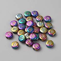 Electroplated Glass Beads, Rainbow Plated, Flat Round with Initial Letter Pattern, Letter M, 10x5mm, Hole: 1mm(GLAA-WH0038-29M)