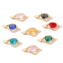 Brass Pave K9 Glass Connector Charms, Light Gold Plated Flower Links, Mixed Color, 26.5x13x6.5mm, Hole: 1.4mm(KK-Q770-02G)