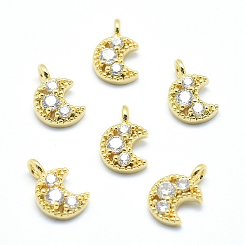 Brass Charms, with Cubic Zirconia, Cadmium Free & Nickel Free & Lead Free, Moon, Clear, Real 18K Gold Plated, 11x7x3mm, Hole: 1.5mm