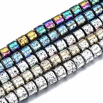 Electroplated Natural Lava Rock Beads Strands, Column, Bumpy, Mixed Color, 8.5x8mm, Hole: 1mm, about 50pcs/strand, 15.75 inch(40cm)