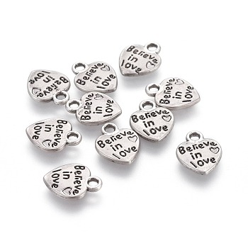 Tibetan Style Alloy Charms, Heart with Phrase Believe In Love, Valentine Theme, Lead Free & Nickel Free & Cadmium Free, Thai Sterling Silver Plated, 12x10x2mm, Hole: 1.5mm