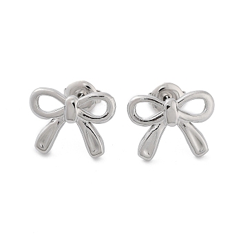 304 Stainless Steel Stud Earrings, Hollow Bowknot, Stainless Steel Color, 11.5x15mm