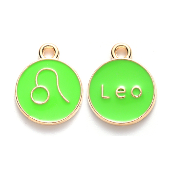Alloy Enamel Pendants, Cadmium Free & Lead Free, Flat Round with Constellation, Light Gold, Pale Green, Leo, 15x12x2mm, Hole: 1.5mm