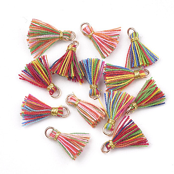 Polycotton(Polyester Cotton) Tassel Pendant Decorations, Mini Tassel, with Iron Findings and Metallic Cord, Light Gold, Colorful, 10~15x2~3mm, Hole: 1.5mm