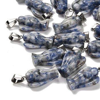 Natural Blue Spot Jasper Pendants, with 201 Stainless Steel Finding, Angel, 24~25x15~16x7~8mm, Hole: 5x7mm