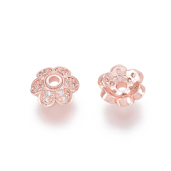 Brass Micro Pave Cubic Zirconia Fancy Bead Caps, 6-Petal, Flower, Clear, Rose Gold, 8x3mm, Hole: 1.7mm