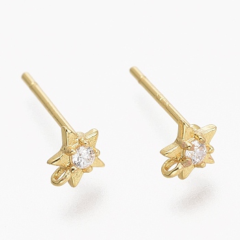 Brass Micro Pave Clear Cubic Zirconia Stud Earring Findings, with Silicone Ear Nuts, with Loop, Long-Lasting Plated, Star, Real 18K Gold Plated, 5.5x5mm, Hole: 0.9mm, Pin: 0.8mm