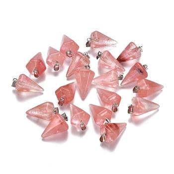 Cone/Spike/Pendulum Dyed Cherry Quartz Glass Stone Pendants, with Platinum Plated Iron Findings, 25~27x14x14mm, Hole: 6x3mm