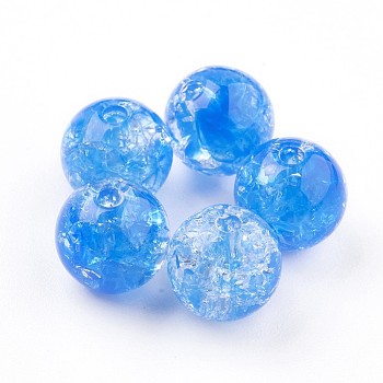 Transparent Crackle Acrylic Beads, Round, Dodger Blue, 9.5~10x9mm, Hole: 2mm, about 950pcs/500g