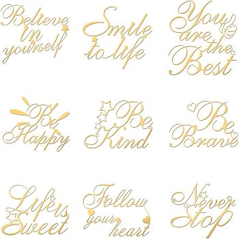 9Pcs 9 Styles Custom Carbon Steel Self-adhesive Picture Stickers, Golden, Inspirational Quote, Word, 40x40mm, 1pc/style