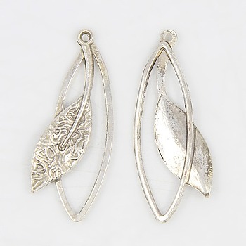 Tibetan Style Alloy Pendants, Lead Free & Nickel Free & Cadmium Free, Leaf, Antique Silver, 40mm long, 16mm wide, 4.5mm thick, hole: 1.5mm