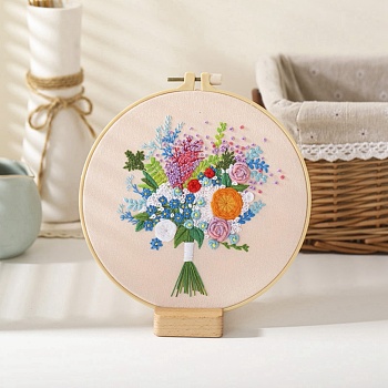 DIY Bouquet Pattern Embroidery Kit, Including Imitation Bamboo Frame, Iron Pins, Cloth, Colorful Threads, Pink, 213x201x9.5mm, Inner Diameter: 183mm