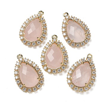 Natural Rose Quartz Faceted Teardrop Pendants, Rack Plating Brass Micro Pave Clear Cubic Zirconia Drop Charms, Golden, 25x16.5x5.5mm, Hole: 1.4mm