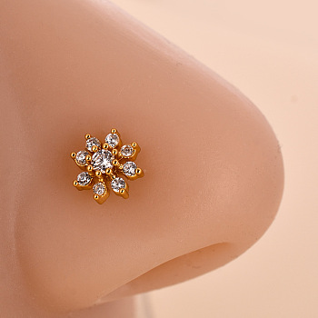 316L Surgical Stainless Steel Clear Cubic Zirconia L-Shaped Nose Rings, Golden, Flower, 7mm, Pin: 0.8mm