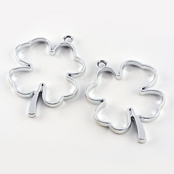 Rack Plating Alloy Irish Clover Open Back Bezel Pendants, For DIY UV Resin, Epoxy Resin, Pressed Flower Jewelry, Hollow, Cadmium Free & Nickel Free & Lead Free, Silver Color Plated, 44.5x34x3.8mm, Hole: 3mm