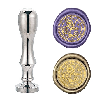 DIY Scrapbook, Brass Wax Seal Stamp Flat Round Head and Handle, Silver Color Plated, Clock Pattern, 25mm