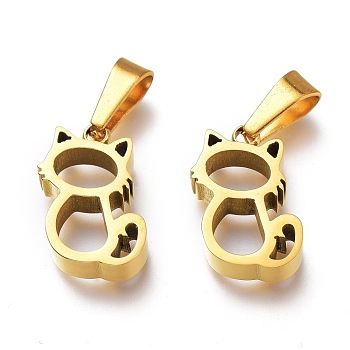 Ion Plating(IP) 304 Stainless Steel Pendants, Manual Polishing, Hollow, Cat, Golden, 16.5x13x4mm, Hole: 7x3.5mm