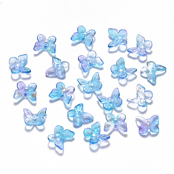 Two Tone Transparent Spray Painted Glass Charms, with Glitter Powder, Butterfly, Dodger Blue, 9.5x11x3mm, Hole: 0.8mm