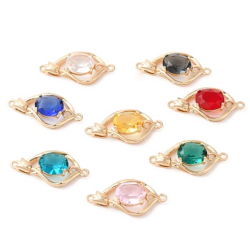 Brass Pave K9 Glass Connector Charms, Light Gold Plated Flower Links, Mixed Color, 26.5x13x6.5mm, Hole: 1.4mm