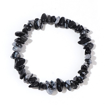 Natural Snowflake Obsidian Chip Beads Stretch Bracelets for Women, 6-1/2 inch(16.5cm)