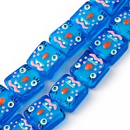 Handmade Lampwork Beads Strands, with Enamel, Square with Snowman Pattern, Dodger Blue, 14x14.5~15.5x6mm, Hole: 1.6mm, about 25pcs/strand, 14.25 inch(36.2cm)(LAMP-F029-02B)