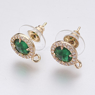 Faceted Glass Stud Earring Findings, with Loop, Brass Micro Pave Cubic Zirconia Findings, Flat Round, Light Gold, Green, 12x9x4mm, Hole: 1.2mm, Pin: 0.8mm(GLAA-F084-B02)