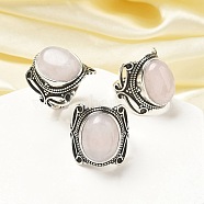 Natural Rose Quartz Adjustable Rings, Lead Free & Cadmium Free, Antique Silver Plated Brass Finger Rings for Women, Oval, 20.5mm, Inner Diameter: 17mm(RJEW-I108-02AS-03)