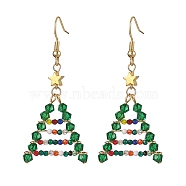 Glass Beads Earrings, with  Brass Earring Hooks, Jewely for Women, Christmas Trees, Golden, 56~57x25mm(EJEW-TA00461)