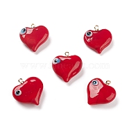 Handmade Evil Eye Lampwork Pendants, with Light Gold Tone Brass Findings, Long-Lasting Plated, Lead Free & Cadmium Free, Heart Charm, Red, 19x17.5~18.5x8.5~9mm, Hole: 1.4mm(LAMP-M015-03C)