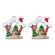 Christmas Theme Single-Sided Printed Wood Big Pendants, House with Reindeer/Stag, Colorful, 109x105x2.5mm, Hole: 3mm(WOOD-N005-65)