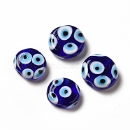 Handmade Evil Eye Lampwork Beads, Oval, Blue, 13~15x15~17x6~7mm, Hole: 1.8mm(LAMP-A153-09)