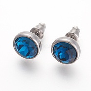 304 Stainless Steel Stud Earrings, with Rhinestone, Flat Round, Sapphire, 10x6mm, Pin: 0.9mm(EJEW-F182-A16)