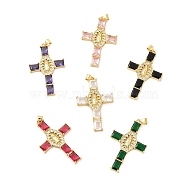 Rack Plating Brass Pendants, with Glass Cubic Zirconia, Religion Cross with Virgin Mary Charm, Cadmium Free & Lead Free, Long-Lasting Plated, Real 18K Gold Plated, Mixed Color, 43x27x4mm, Hole: 5x3mm(KK-D087-11G)