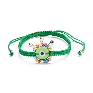 Big Evil Eye Braided Bead Bracelet, Adjustable Lampwork Beads Bracelet for Teen Girl Women, Golden, Lime Green, Inner Diameter: 2-1/4~4 inch(5.7~10.4cm)(BJEW-JB07109-03)